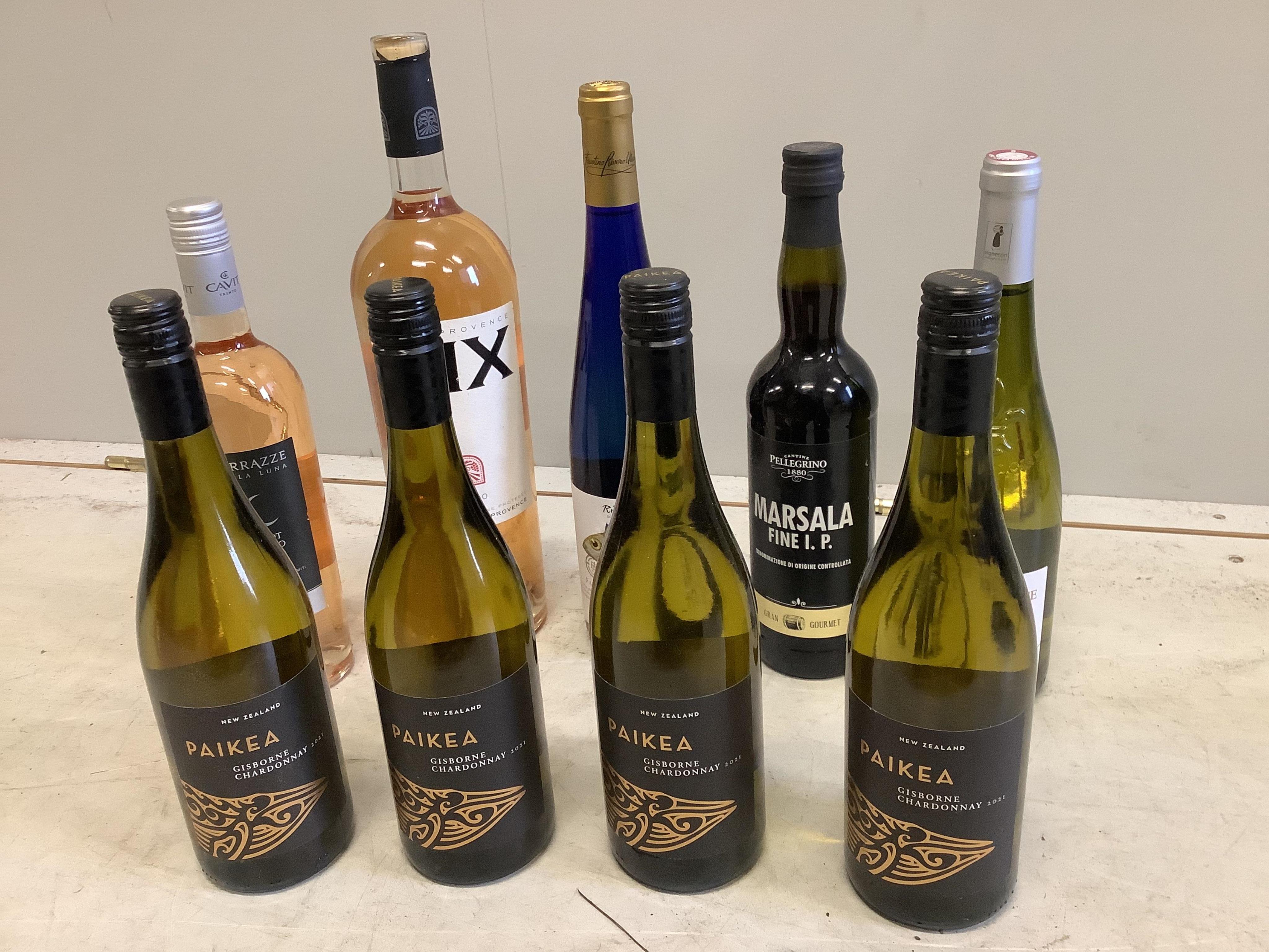 Four bottles of Paikea Gisborne Chardonnay, three bottles of Pere Auguste Val De Loire, a bottle of Pellegrino Marsala Fine I P and six assorted bottles of white and Rose wine (14). Condition - good, surplus stock from a